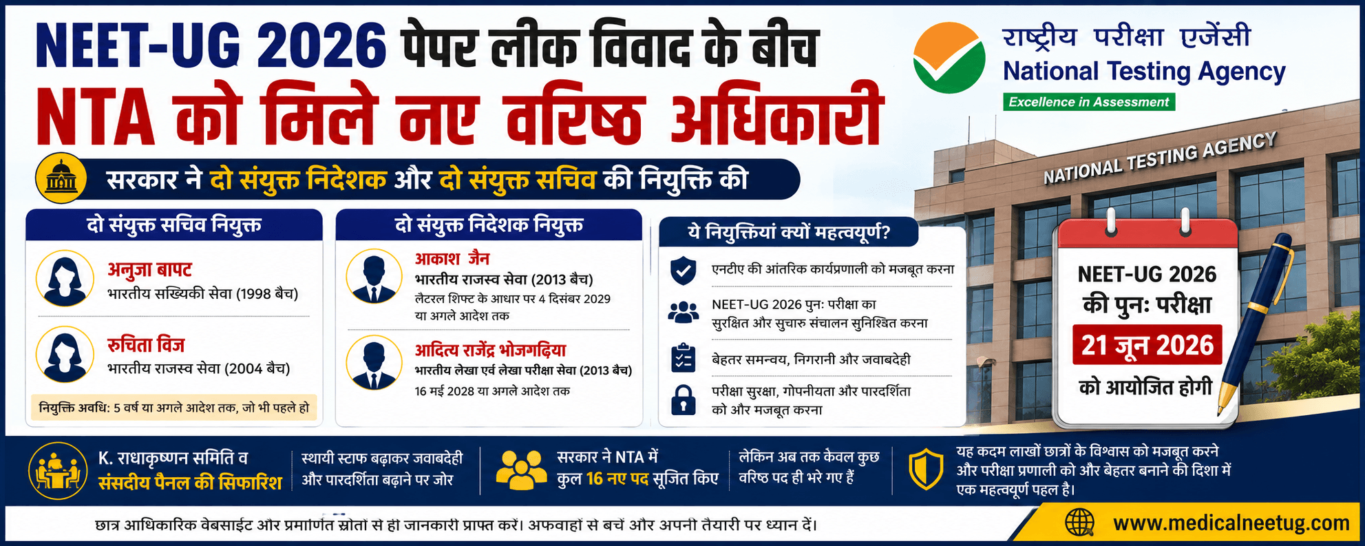 NEET-UG पेपर लीक विवाद के बीच NTA में नई नियुक्तियां